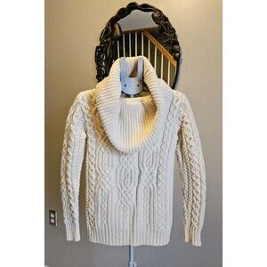 Aran Mor Ireland Merino Wool Cowl Neck Cable Knit Aran Sweater Cream Womens S